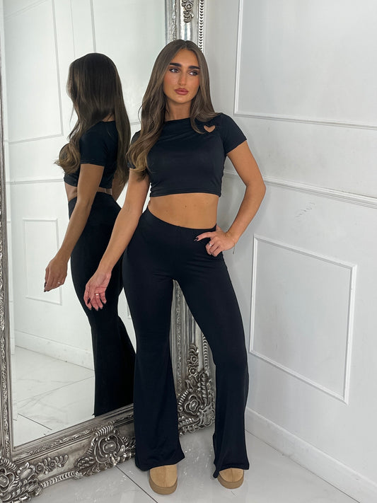 Heart Detail Crop Top & Wide Leg Pants Set - Black
