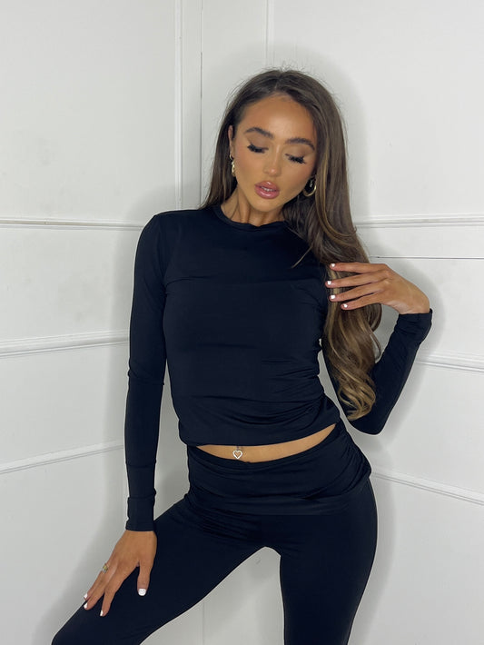 Long Sleeve Round Neck Top & Flares Co-Ord Second Skin - Black