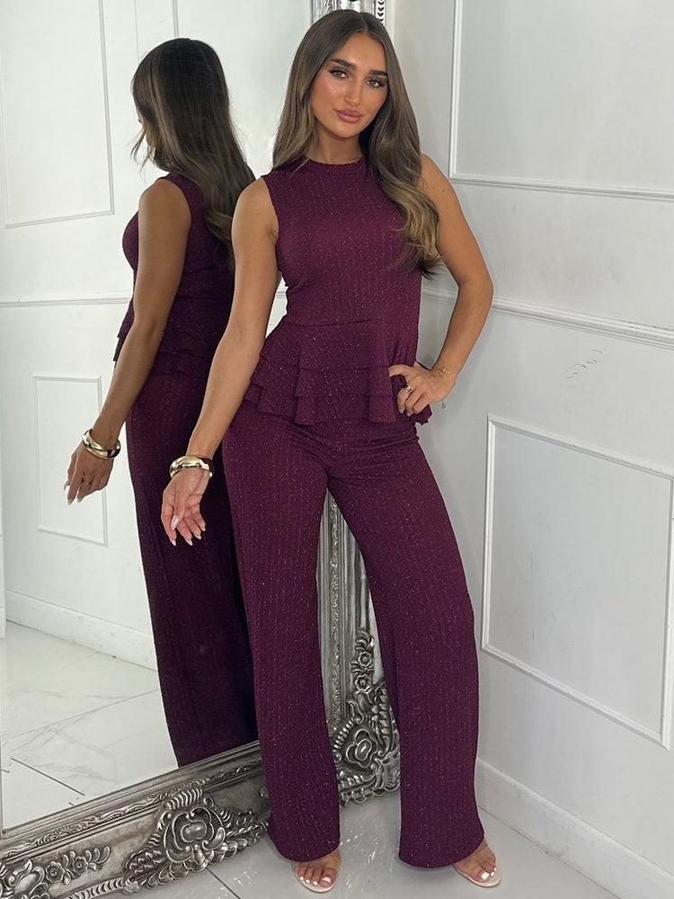 Lurex Knit High Neck Ruffle Top & Flares Co-Ord - Wine