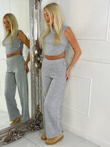 Sleeveless Gold Button Detail Top & Flares Co-Ord - Light Grey