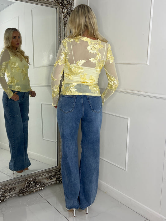 3D Flower Textured Mesh Long Sleeve Top - Yellow