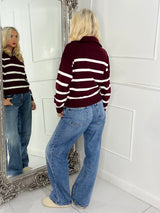 1/4 Zip Striped Jumper - Wine / Cream
