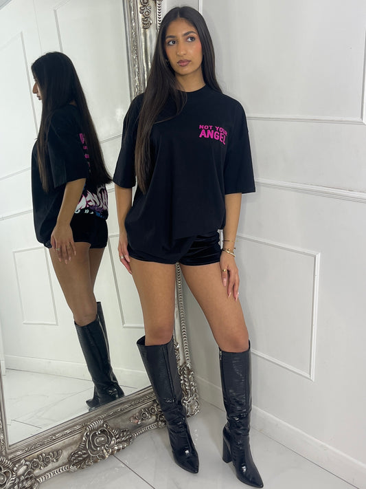 Ribbed Collar Oversized T-Shirt - Black Not Your Angel Print