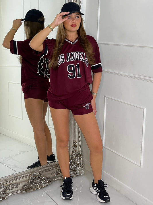 Los Angeles Varsity Top & Matching Shorts Co-ord - Wine / Black & White
