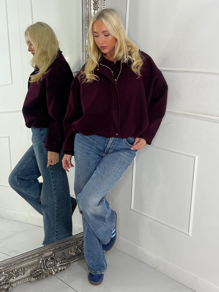 Collared Oversized Bomber Jacket - Wine