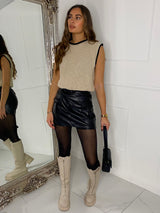 Sleeveless Knitted Jumper- Beige/Black