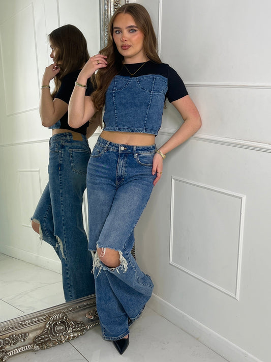 Blue Denim Corset Contrast Crop Tshirt - Black