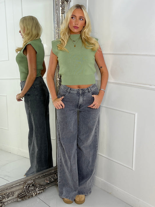 Heavy Rib Knitted Sleeveless Crop Jumper - Sage