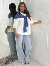 Tennis Style Oversized Tee with Overlay Detail - White/Blue