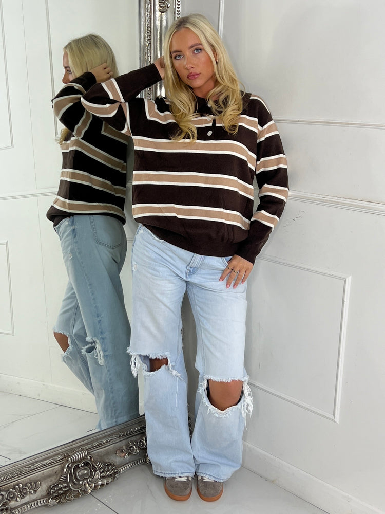 Striped Neutral Toned Collared Jumper - Brown