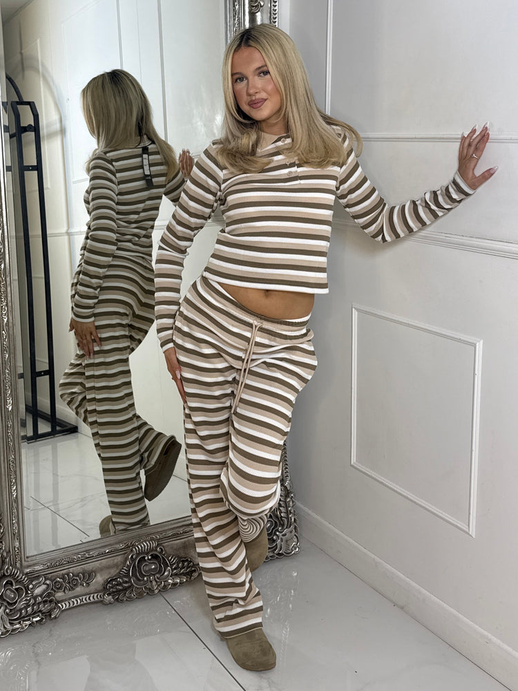 Collar Detail Striped Long Sleeve Top & Wide Leg Pants Co-Ord - Beige Multi