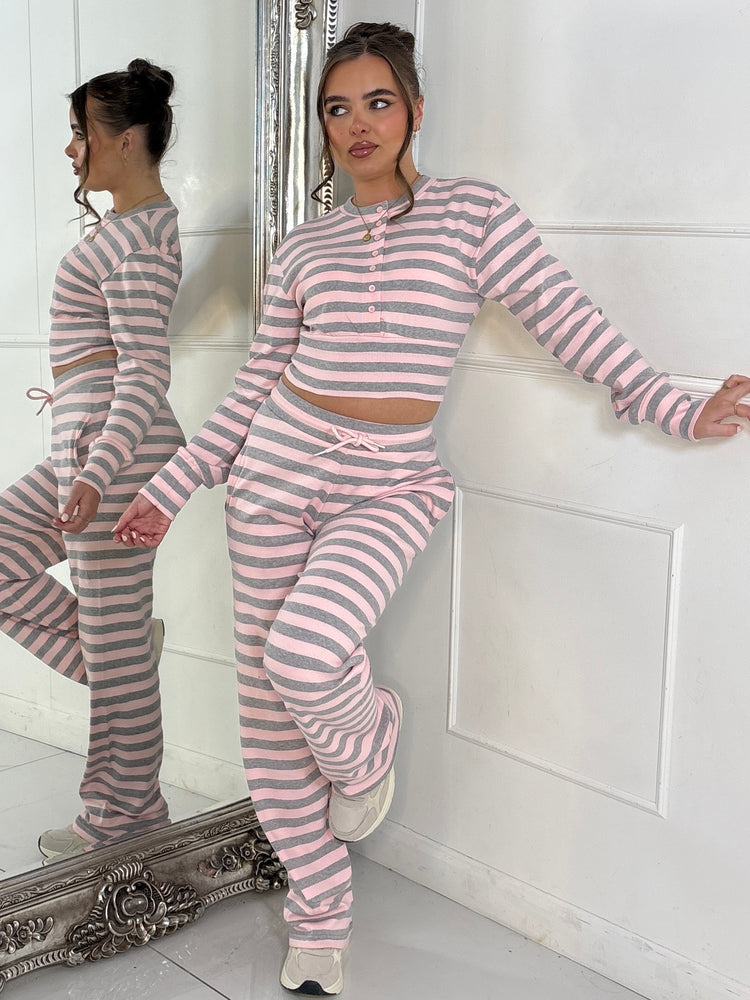 Ribbed Button Up Cinch Waist Co-Ord - Pink Stripe