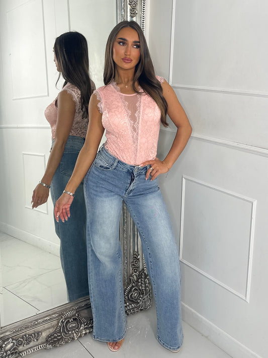 Sleeveless Mesh V Lace Bodysuit - Baby Pink