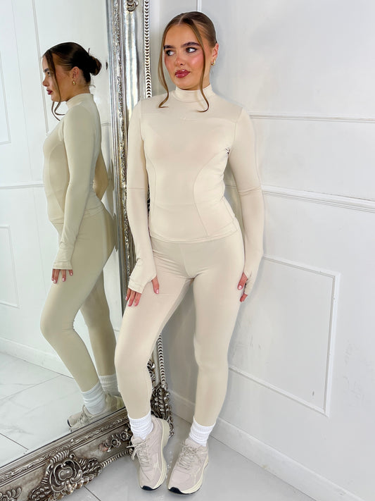 Long Sleeve Second Skin Panel Detail Yoga Top and Leggings Co-Ord - Beige