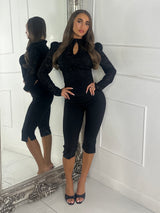Lace Long Puff Sleeve Top with Waist Corset - Black