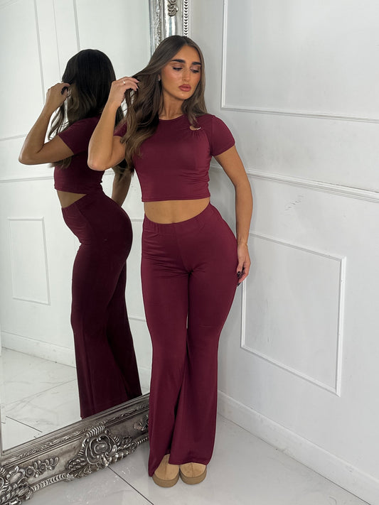 Heart Detail Crop Top & Wide Leg Pants Set - Wine