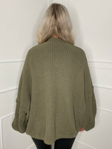 Balloon Sleeve Knitted Cardigan - Khaki