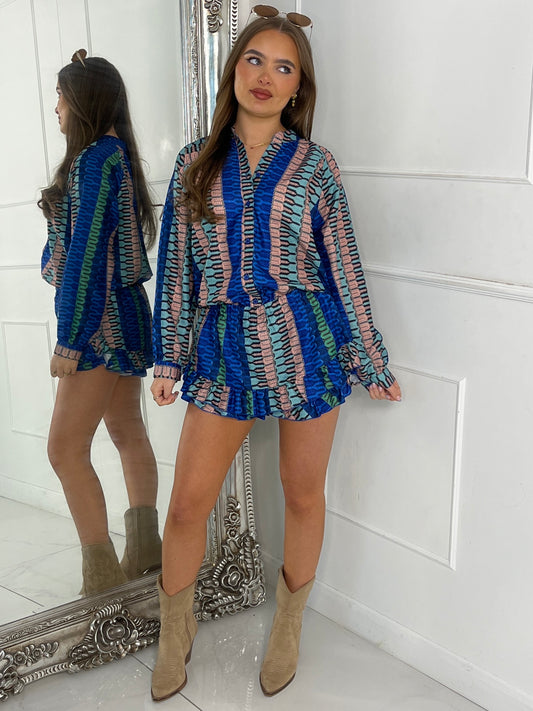 Matching Long Sleeve Shirt and Frill Skort Set - Blue Multi