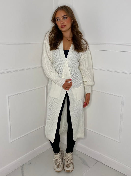 Balloon Sleeve Long Knitted Cardigan - White