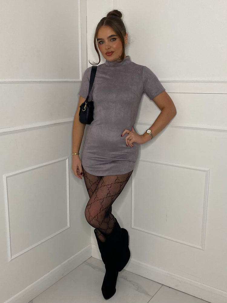 Suede High Neck Dress - Grey