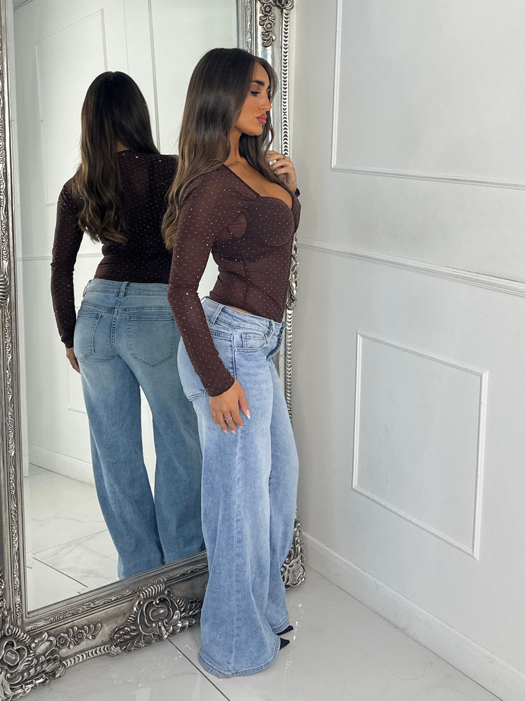 Long Sleeve Diamante Detail Cupped Bodysuit - Chocolate Brown