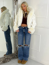 Faux Fur Cuff & Pocket Detail Pu Contrast Jacket - White