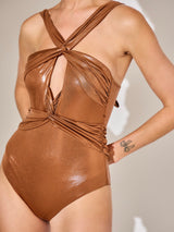 Cut Out Twist Detail Swimsuit- Brown Metallic