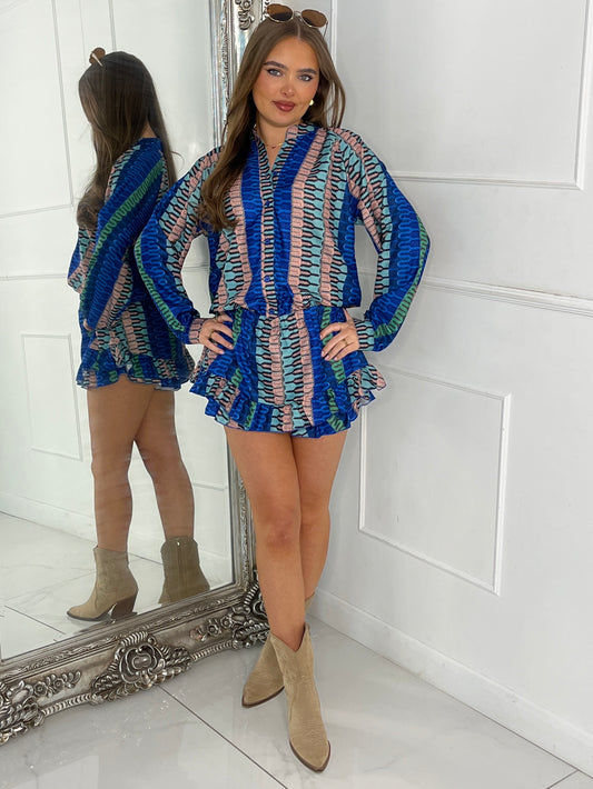 Matching Long Sleeve Shirt and Frill Skort Set - Blue Multi
