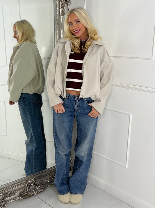 Collared Oversized Bomber Jacket - Cream