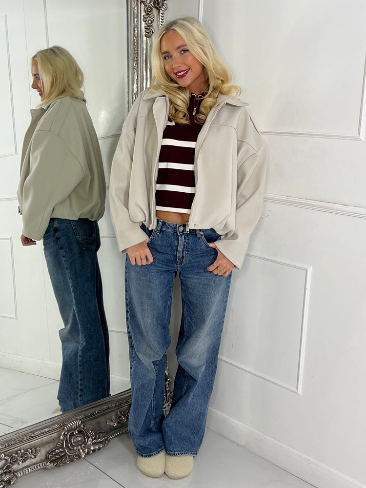 Collared Oversized Bomber Jacket - Cream