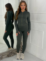 Hooded Gym Top & Gym Leggings Set - Khaki Green