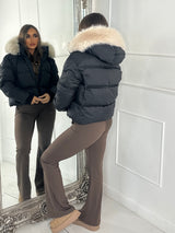 Cropped Faux Fur Trim Padded Jacket - Black/Cream