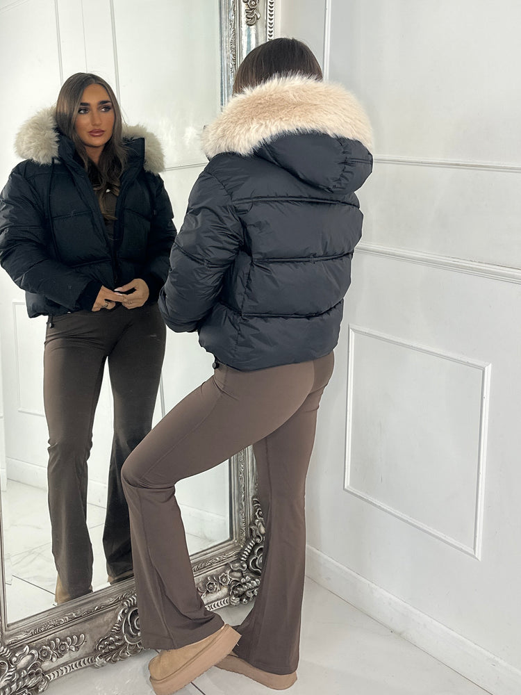 Cropped Faux Fur Trim Padded Jacket - Black/Cream
