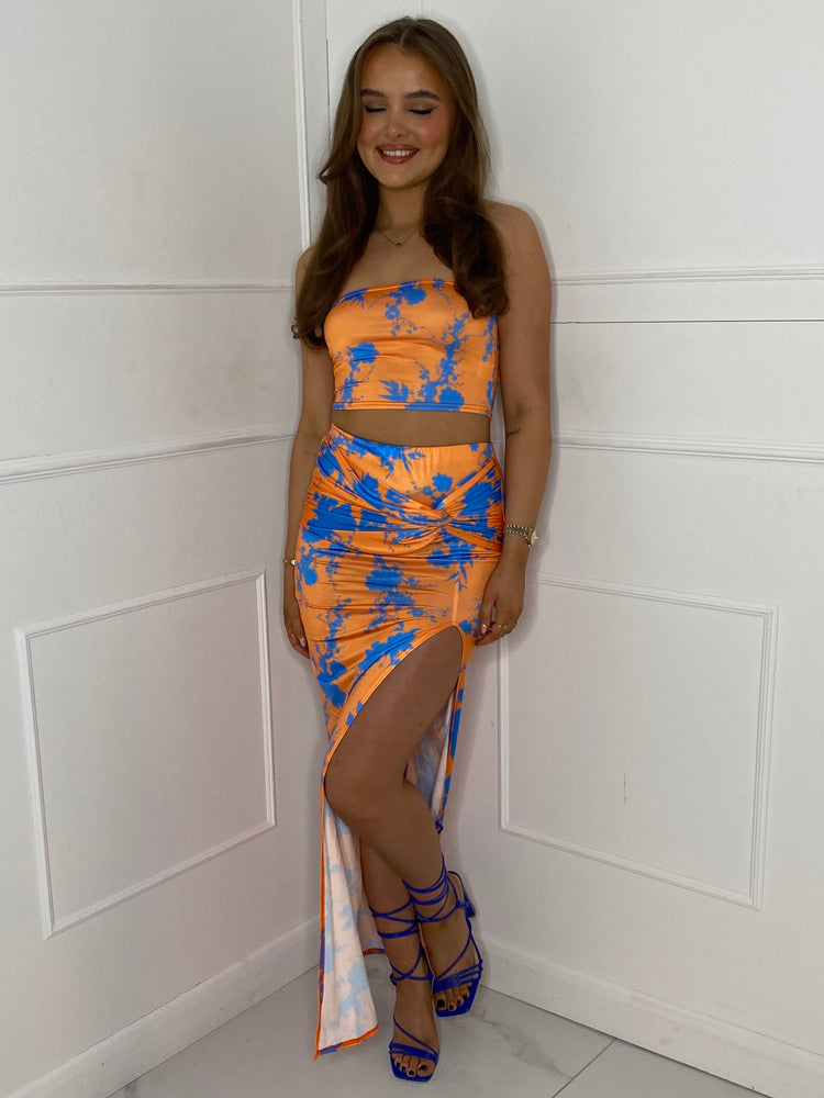 Knot Detail Maxi Skirt and Bandeau Co-ord - Orange/Blue Print