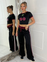 Cherry Tee & Side Stripe Trousers Co-Ord - Black