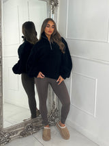 Plain Half Zip Teddy Fleece Jacket - Black