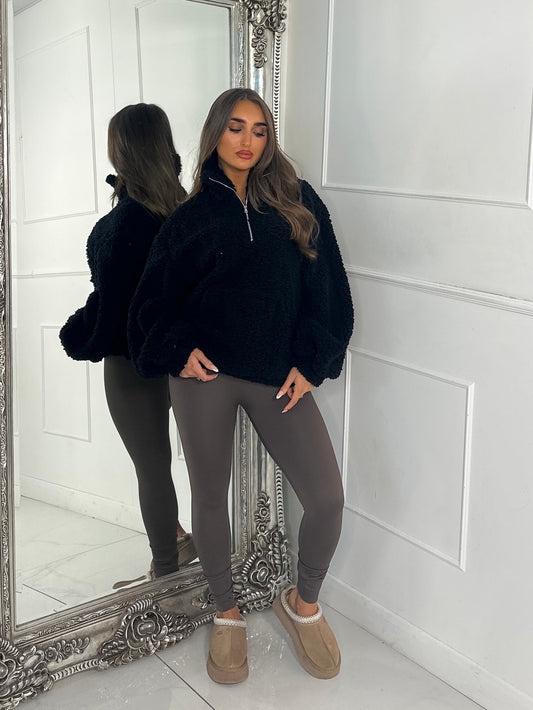Plain Half Zip Teddy Fleece Jacket - Black