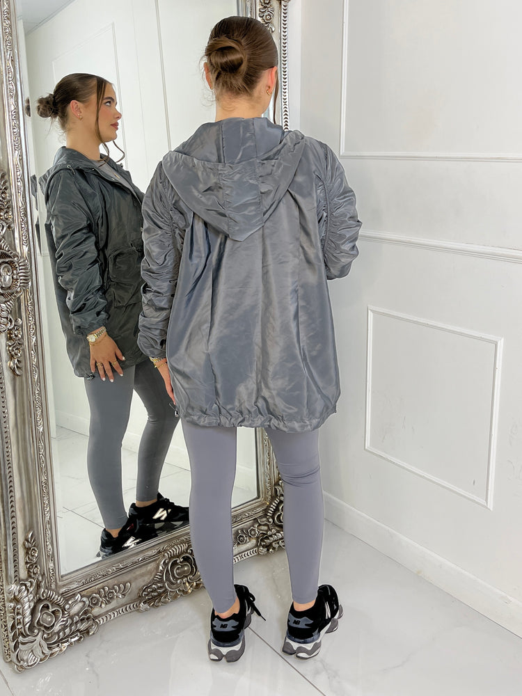 Long Ruched Sleeve Windbreaker Jacket - Charcoal Grey