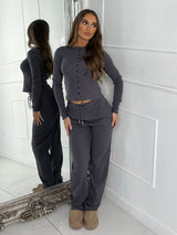 Long Sleeve Button Up Detail Top & Flared Pants - Charcoal