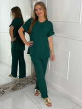 Gold Button Detail Oversized Top & Wide Leg Pants Co-Ord - Emerald