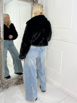 Cropped Collared Faux Fur Jacket - Black