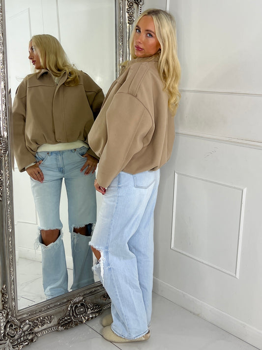 Collared Oversized Bomber Jacket - Beige