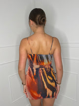 Printed Ruched Front Dress - Orange/Black