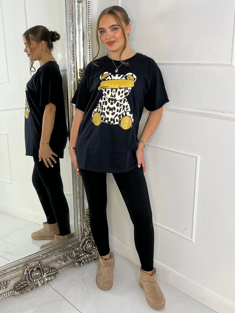 Leopard Print Teddy Oversized T-Shirt - Black