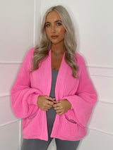 Balloon Sleeve Knitted Cardigan - Neon Pink