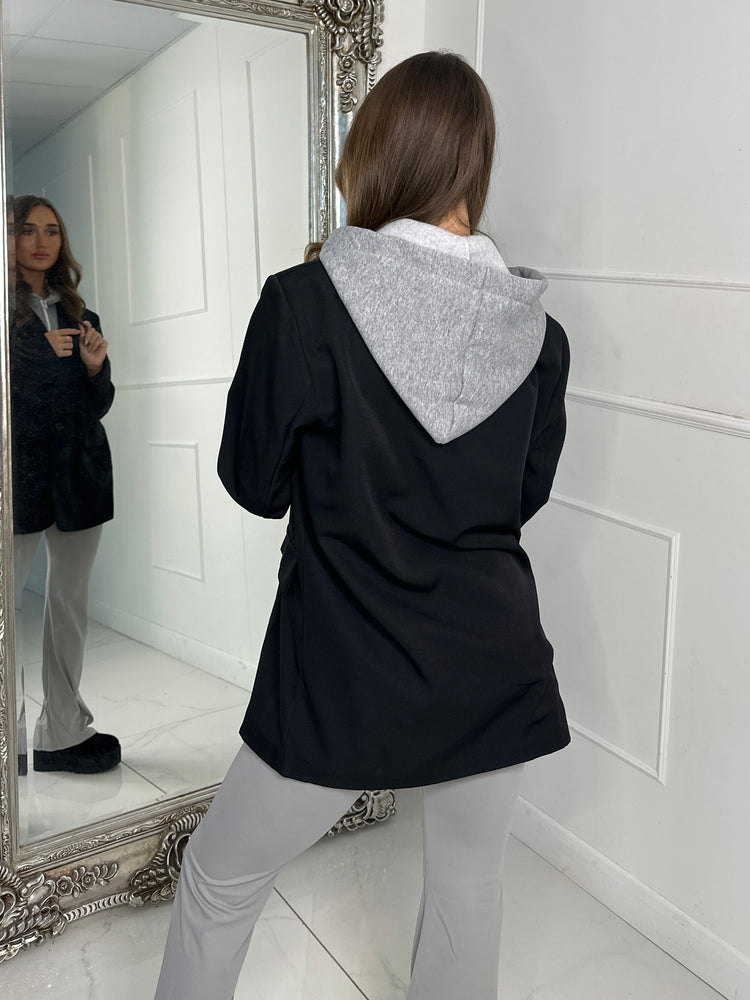 Oversized Blazer With Grey Attached Hood - Black