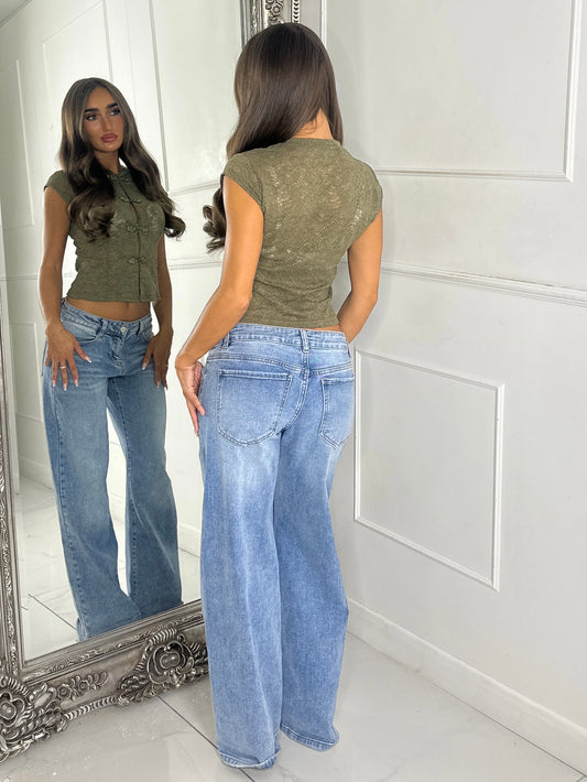 Lace Short Sleeve Knot Front Top - Khaki