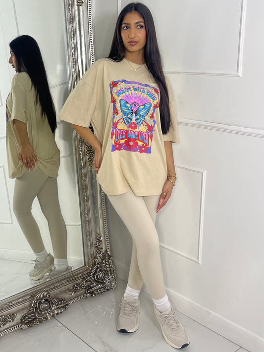 Ribbed Collar Oversized T-Shirt - Beige Butterfly Print