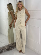 Knitted Gold Detail Pocket Front Waistcoat & Wide Leg Pants Co-ord - Beige
