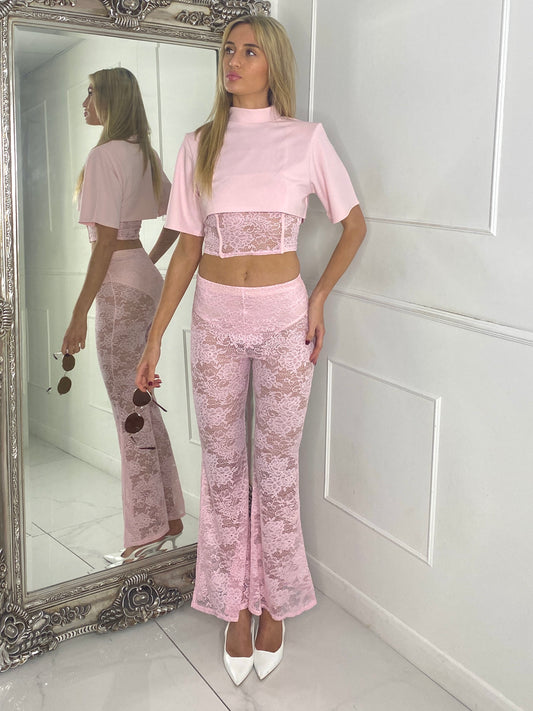 Padded Shoulder Cropped Tee With Lace Bra Underlayer & Built In Knicker Lace Flares Co-Ord - Baby Pink